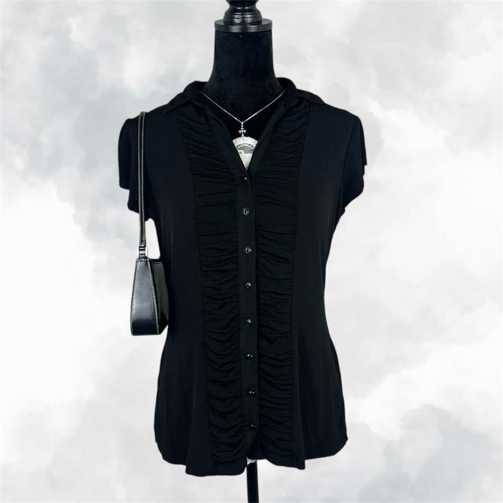 dressbarn black button up blouse w collared neckline & ruffle pleated detailing